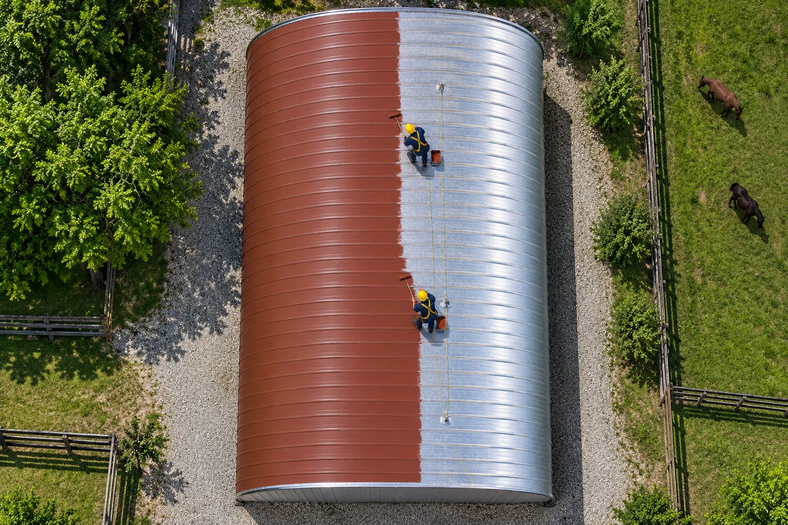 Aerial view of a crew coating a long metal barn roof