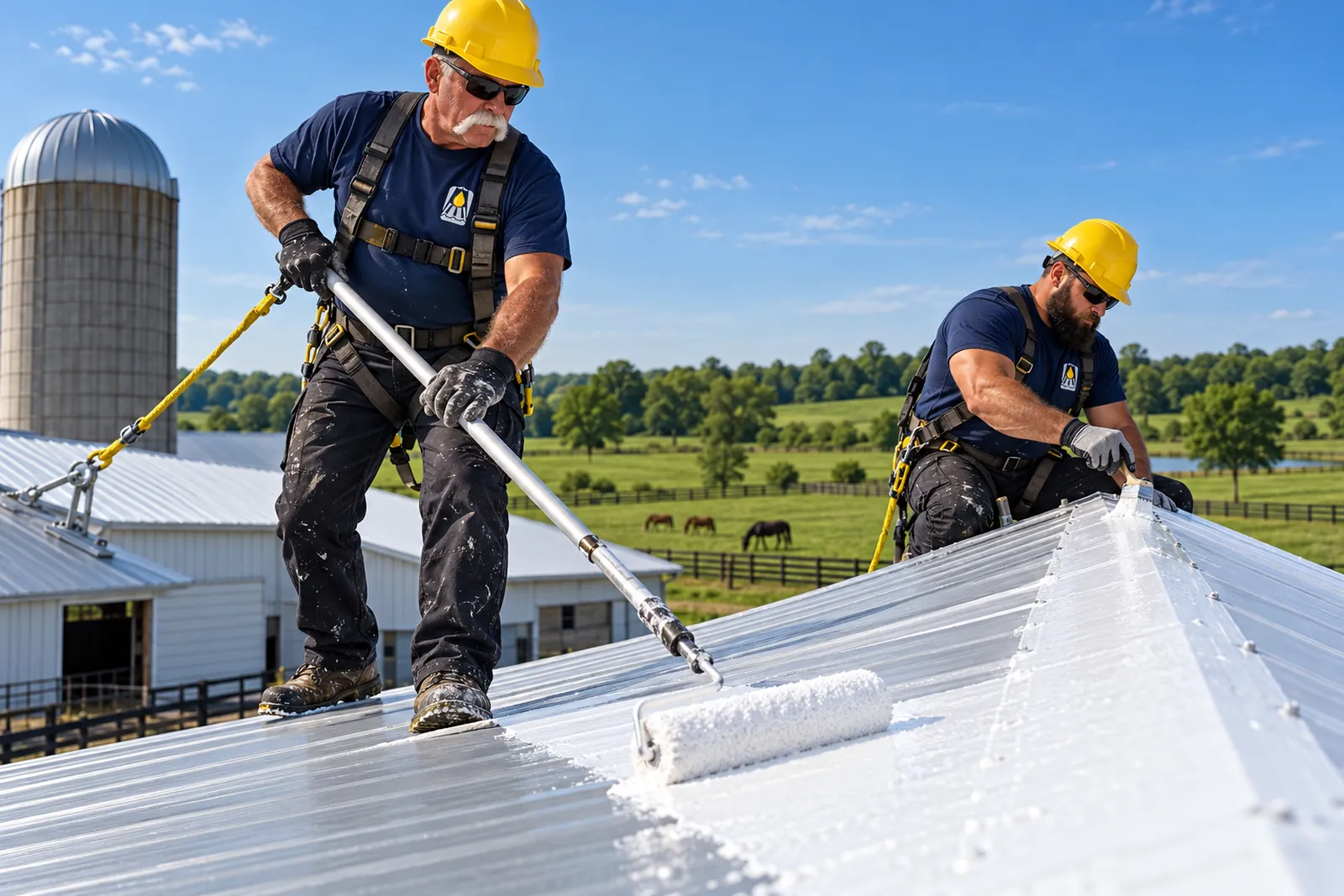 Two roofers in logo uniforms rolling coating onto a commercial metal roof