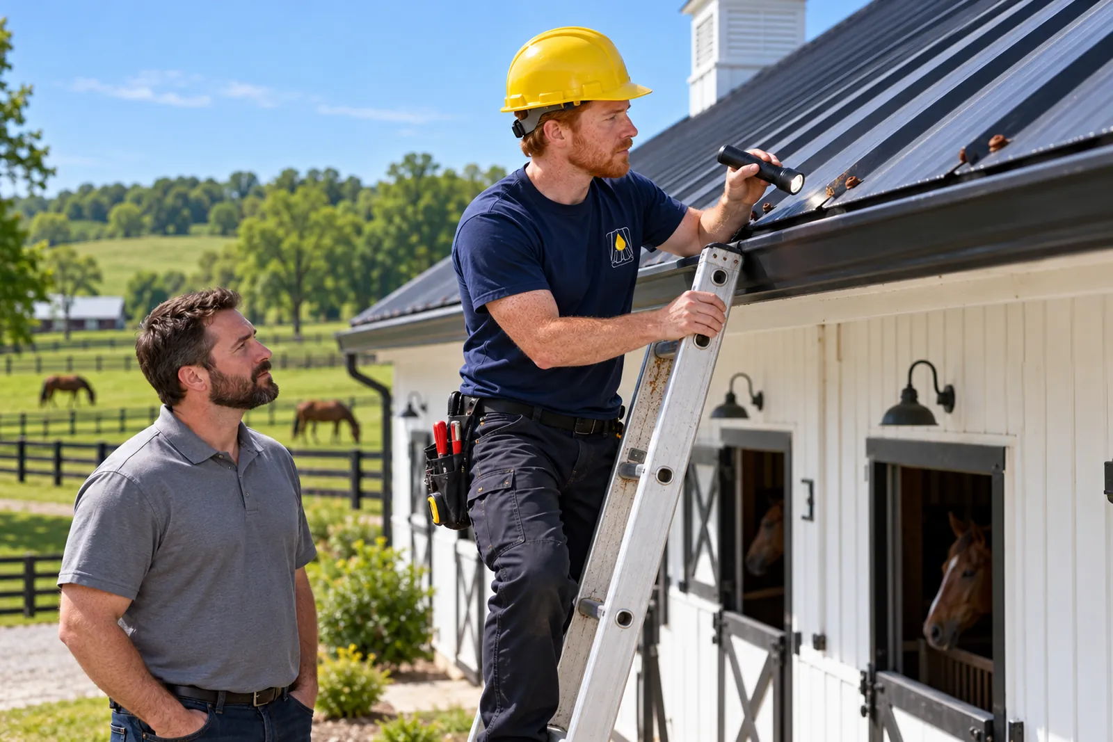 Roofer in a logo uniform inspecting the edge of a metal roof from a ladder