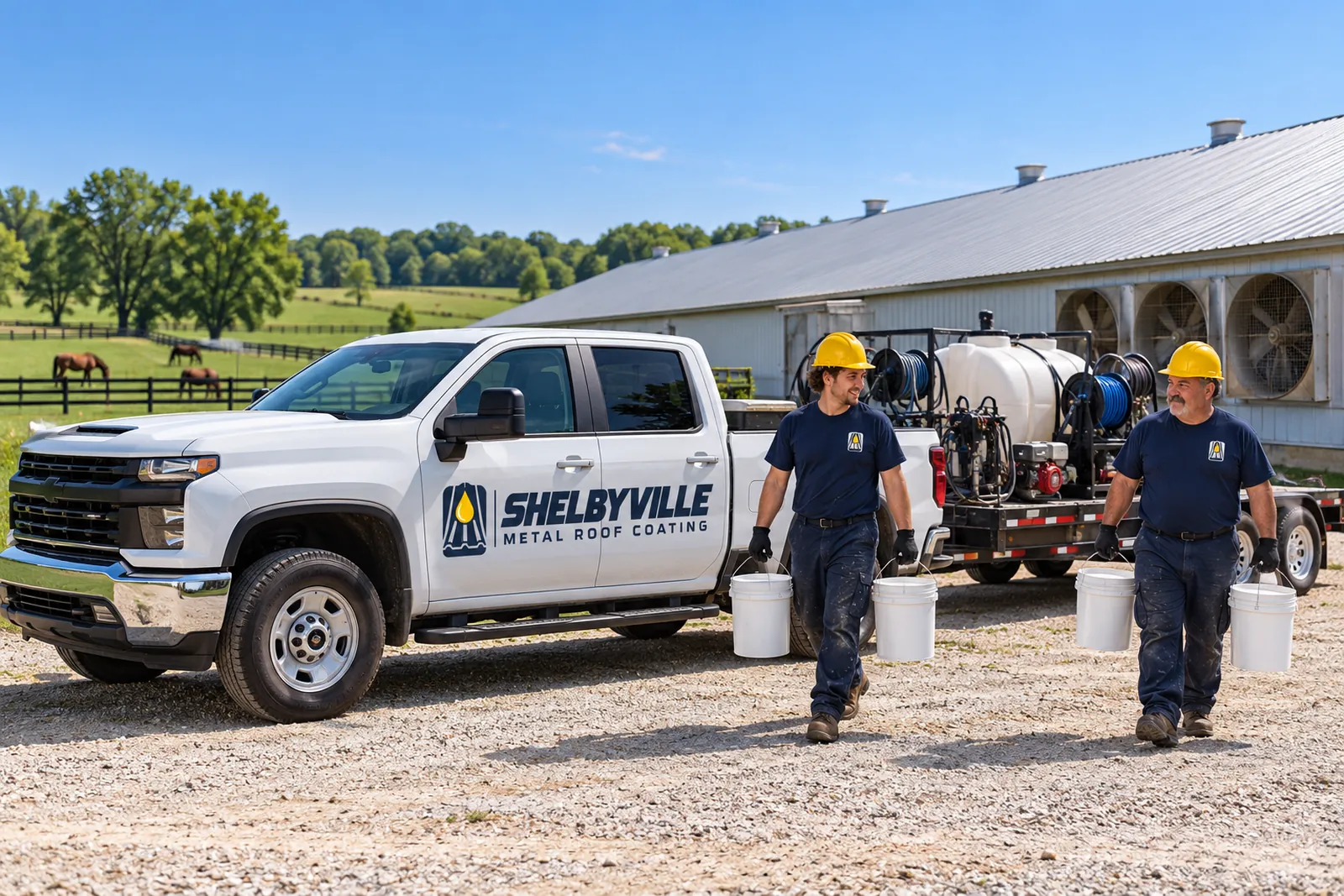 Roof coating truck with the company logo and two crew members in logo uniforms