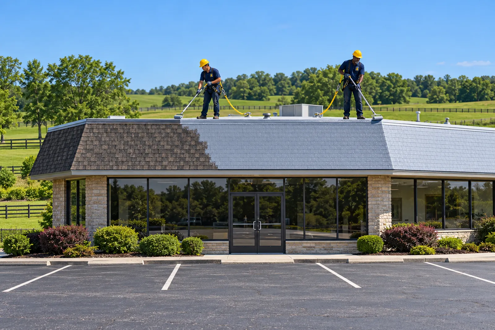 Crew in logo uniforms coating a shingle roof section