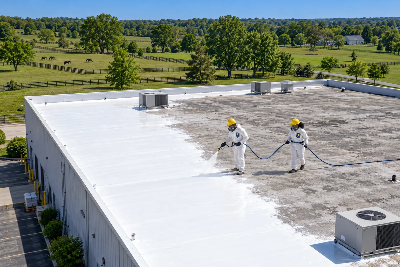 Aerial view of a low-slope commercial roof being coated with silicone