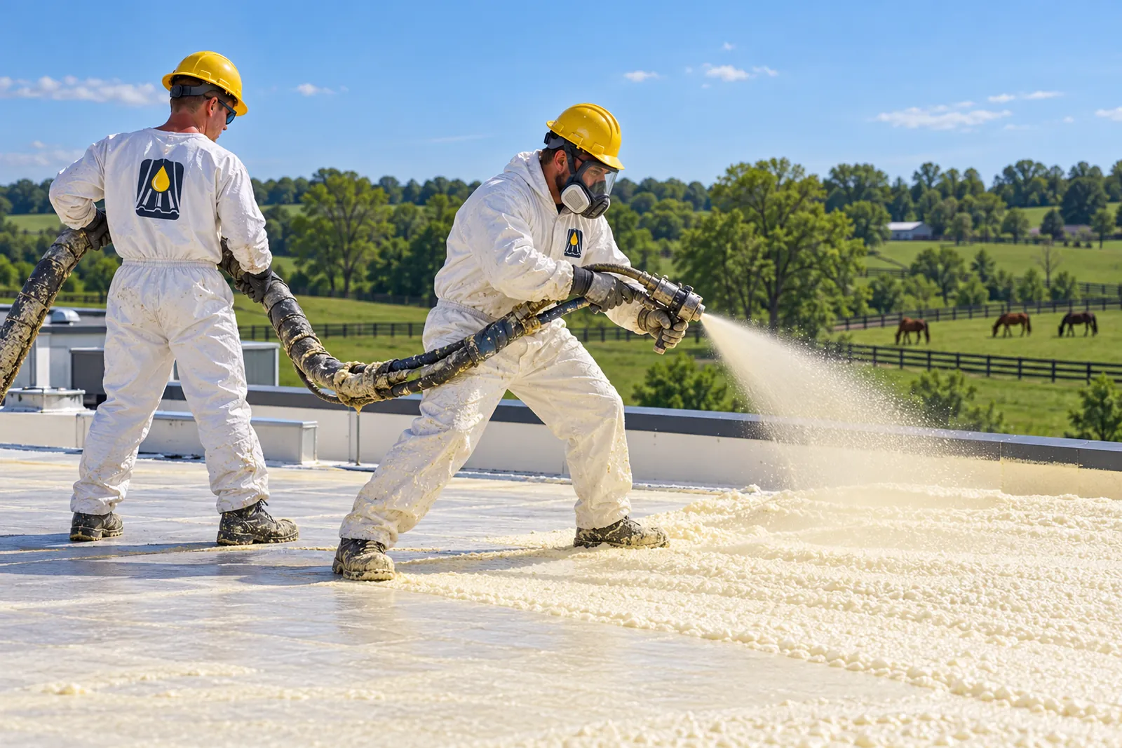 Crew in logo uniforms spraying foam over a commercial roof